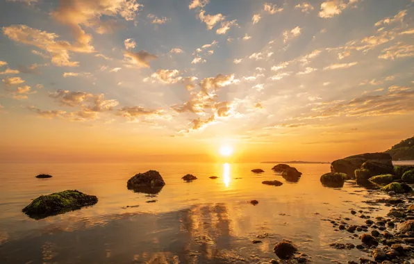 Sea, beach, the sky, water, the sun, clouds, light, sunset