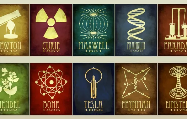 Tesla, Einstein, Franklin, Mendel, Faraday, Feynman, Maxwell, Curie