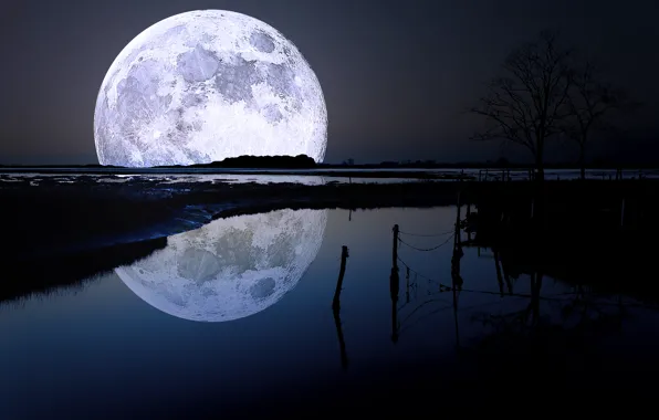 The sky, water, nature, reflection, the moon, night landscapes