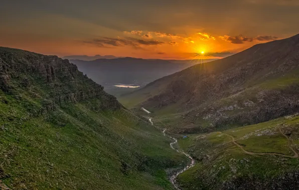 Picture the sun, landscape, sunset, mountains, nature, beauty