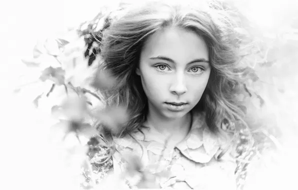 Picture leaves, portrait, girl, b & W photo, Pilnik