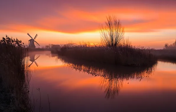Fog, river, sunrise, mill