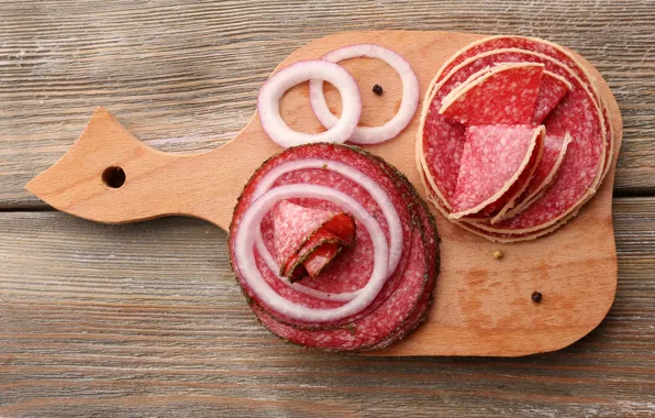 Table, background, Board, bow, ring, pepper, sausage, cutting