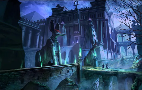 Night, bridge, people, castle, pyramid, tomb