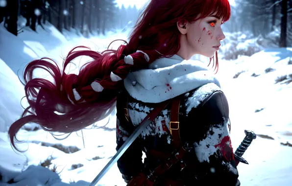 Girl, sword, blood, fantasy, forest, trees, Warrior, winter