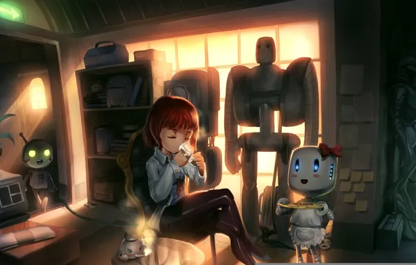 Picture light, table, room, robots, window, the tea party, Girl, wardrobe