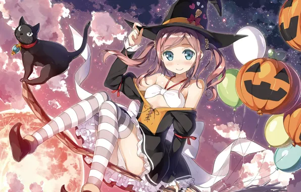 Balloons, flight, broom, the full moon, black cat, halloween, witch, striped stockings