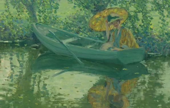 Girl, landscape, boat, picture, umbrella, Frederick Carl Frieseke, Friedrich Karl Friske, On The River