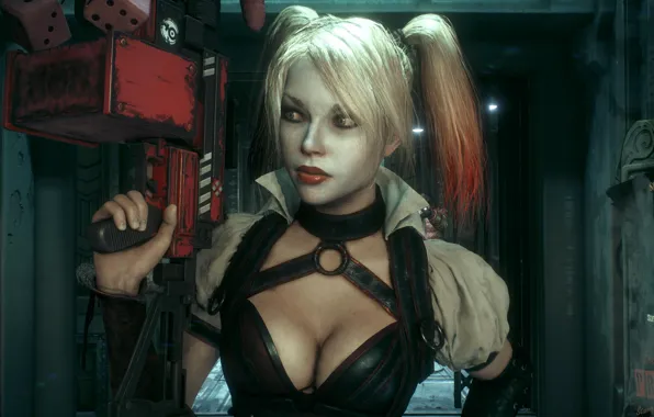 Chest, The game, Blonde, Weapons, Gun, Gun, Breast, Harley Quinn