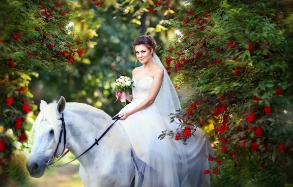 Picture autumn, white, girl, flowers, smile, Park, mood, horse