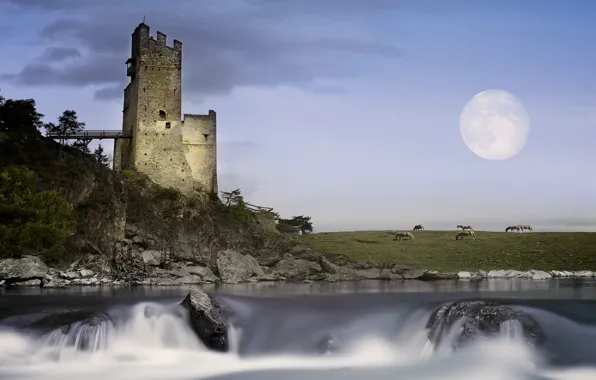 Landscape, castle, the moon, Tyrolian Highlands