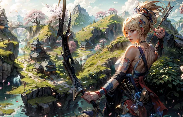 Picture girl, forest, bow, arrows, archer, ai art
