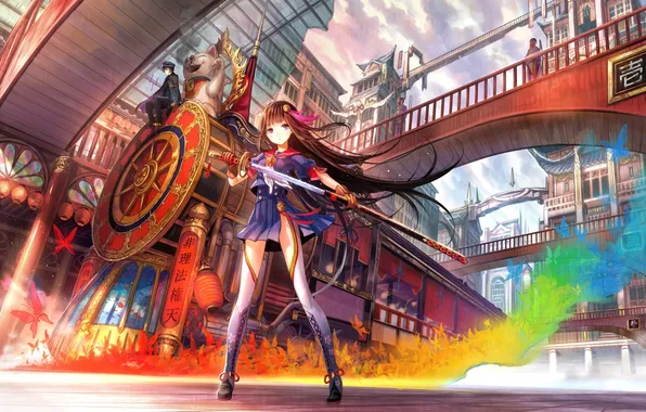 Look, bright colors, girl, the city, weapons, train, guy, gesture
