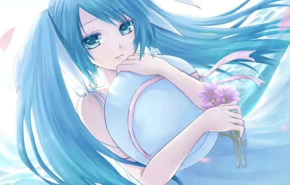 Girl, flowers, bouquet, hat, anime, petals, art, vocaloid