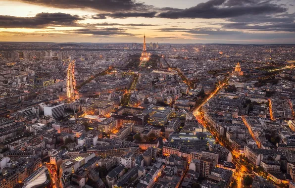 The sky, clouds, sunset, clouds, street, tower, Paris, home