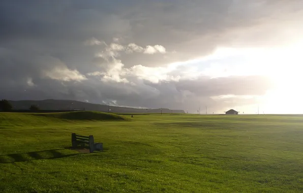 Field, the sky, grass, landscape, sunset, bench