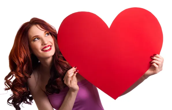 Picture dress, girl, white background, makeup, hairstyle, Valentine's day, red, smile, brown hair, heart