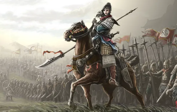 Picture girl, weapons, fiction, horse, armor, art, flags, warriors