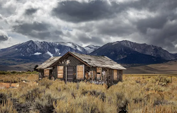 Field, the sky, mountains, clouds, house, abandoned, house, hut