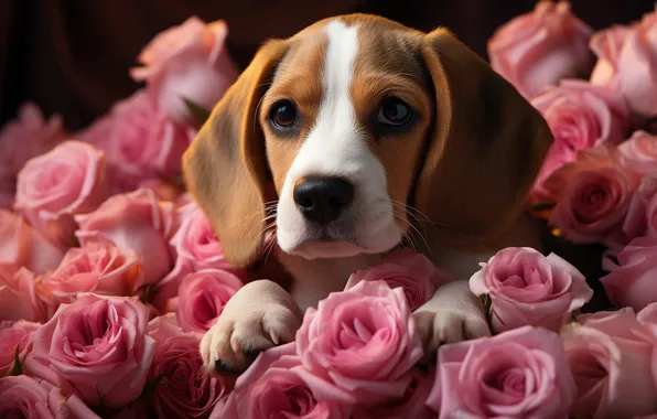Look, flowers, pose, roses, legs, dog, bouquet, puppy