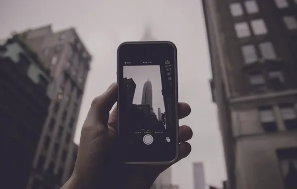 Fog, street, photo, iPhone, hand, New York, flags, The Empire State Building