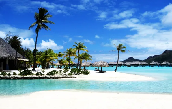 Picture sea, beach, palm trees, resort, Bora Bora