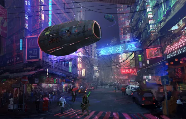 Auto, The city, Future, Neon, Street, People, Movement, Machine