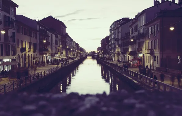 River, Italy, sunset, street, people, houses, Milan, Milano