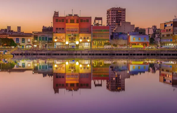 Lights, colorful, twilight, sunset, Argentina, dusk, reflection, mirror