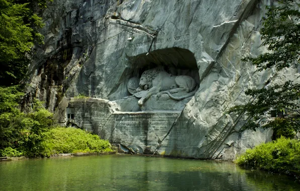 Rock, pond, Park, Leo, Switzerland, sculpture, Lucerne