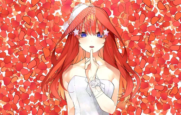 Neckline, corset, veil, rose petals, wedding dress, blue eyes, red hair, a finger to his …