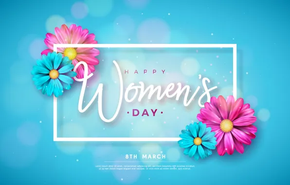 Flowers, holiday, the inscription, spring, frame, blue, figure, pink
