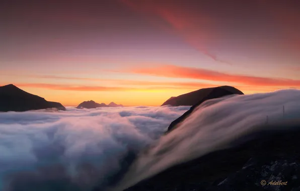 Clouds, landscape, mountains, fog, dawn