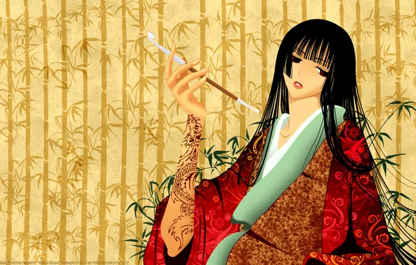 Girl, tube, bamboo, tattoo, kimono, xxxholic, ichihara yuuko, triplecalc