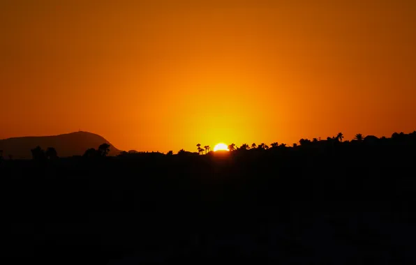 Picture sunset, silhouette, hill, orange sky