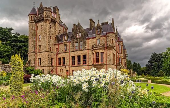 The sky, clouds, trees, flowers, clouds, overcast, Ireland, architecture