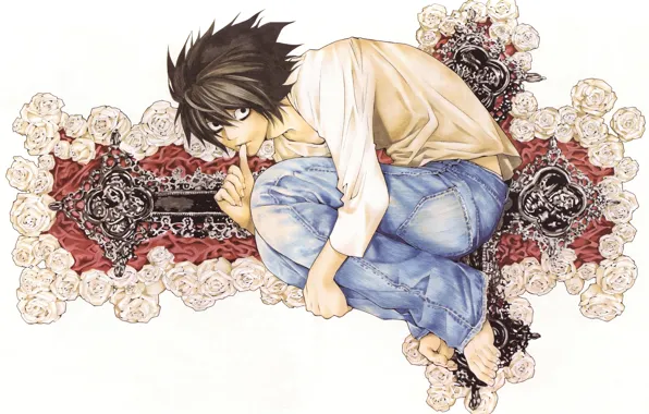 Genius, roses, cross, Death Note, Death Note, black hair, oddity, mad dragon