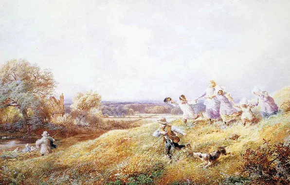 Picture the sky, clouds, landscape, children, hills, the game, picture, house