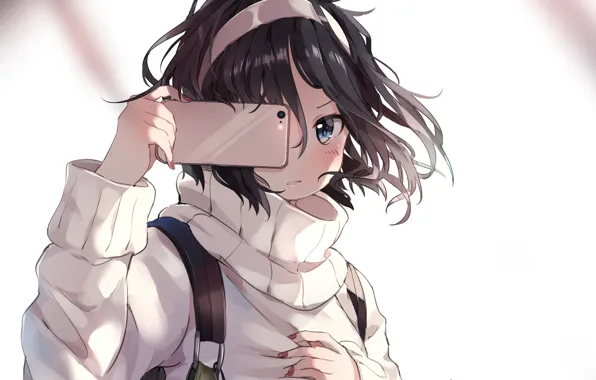 anime girl with wavy blue hair in a hoodie mobile phone selfie, ... -  Arthub.ai