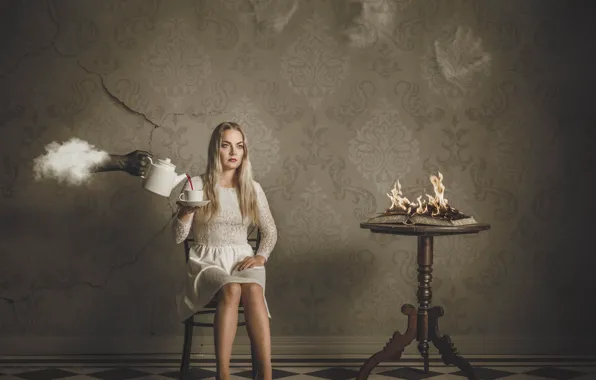 Girl, fantasy, fire, cloud, dress, Cup, book, Burning Breakfast