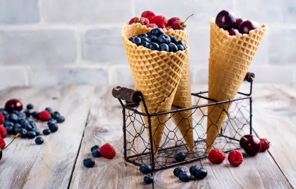 Cherry, berries, raspberry, blueberries, horn, waffle, Yuliya Furman