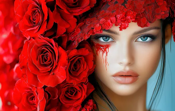 Look, girl, flowers, face, pose, style, blood, portrait