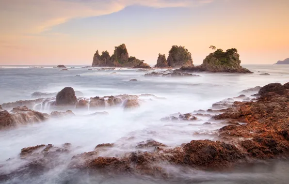 Picture sea, wave, the sky, trees, landscape, rocks, shore, Japan
