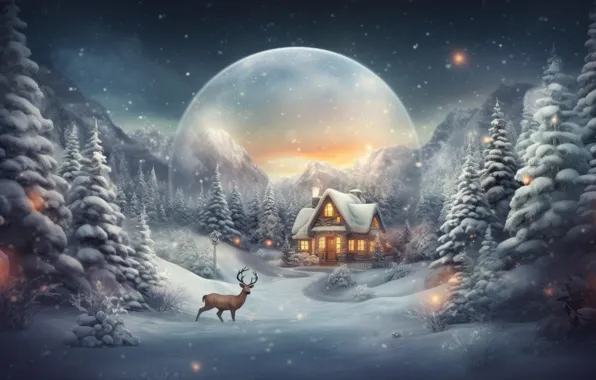 Winter, frost, forest, snow, landscape, mountains, night, nature