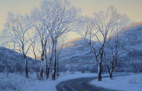 Picture winter, road, car, machine, snow, landscape, mountains, the evening