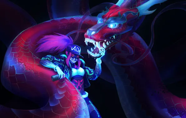 Dragon, the game, neon, game, gesture, beautiful girl, Akali, League of Legends