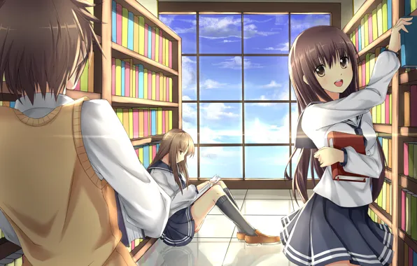 Picture girls, books, anime, art, form, library, guy, students