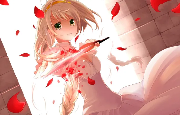 Picture girl, weapons, petals, dress, art, knife, tape, braid