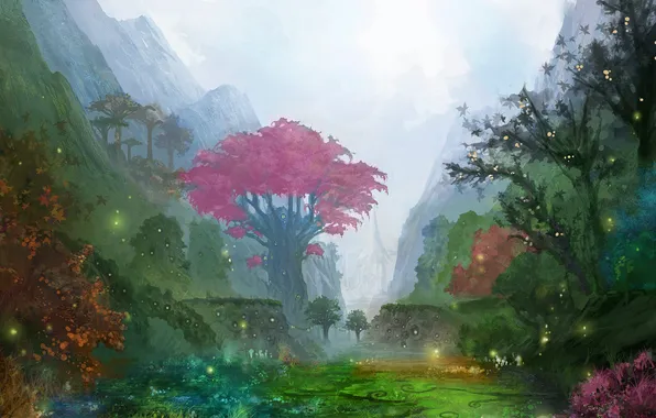 Picture mountains, valley, Lineage 2, concept art