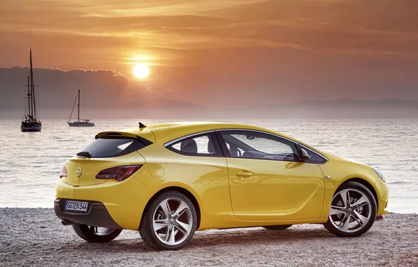 Picture the sun, sunset, lake, yacht, Opel, Astra, GTC